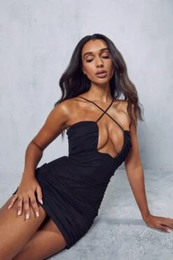 Premium Mesh Cross Strap Curved Mini Dress -BOW Clothing Shop black premium mesh cross strap curved mini dress 4