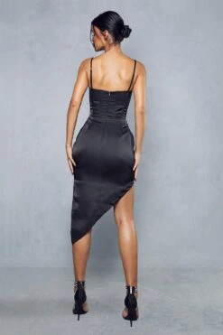 Premium Mesh Insert Corset Satin Wrap Midi Dress -BOW Clothing Shop black premium mesh insert corset satin wrap midi dress 2