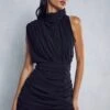 Premium Mesh Ruched Asymmetric High Neck Mini Dress -BOW Clothing Shop black premium mesh ruched asymmetric high neck mini dress