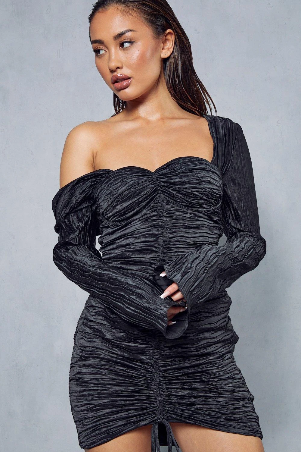 Premium Plisse Crinkle Off The Shoulder Ruched Mini Dress 4 Premium Plisse Crinkle Off The Shoulder Ruched Mini Dress - Image 2