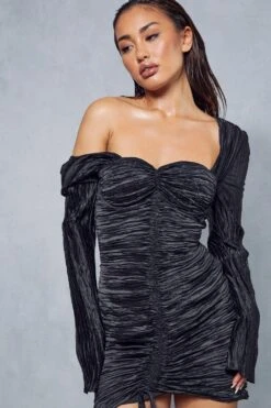 Premium Plisse Crinkle Off The Shoulder Ruched Mini Dress 9 Premium Plisse Crinkle Off The Shoulder Ruched Mini Dress -BOW Clothing Shop black premium plisse crinkle off the shoulder ruched mini dress 2