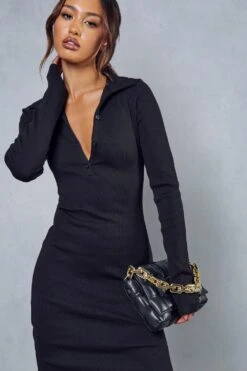 Premium Ribbed Collared Long Sleeve Slit Leg Midi Dress 8 Premium Ribbed Collared Long Sleeve Slit Leg Midi Dress -BOW Clothing Shop black premium ribbed collared long sleeve slit leg midi dress 1