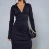Premium Ribbed Collared Long Sleeve Slit Leg Midi Dress 2 Premium Ribbed Collared Long Sleeve Slit Leg Midi Dress -BOW Clothing Shop black premium ribbed collared long sleeve slit leg midi dress