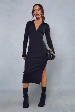 Premium Ribbed Collared Long Sleeve Slit Leg Midi Dress 10 Premium Ribbed Collared Long Sleeve Slit Leg Midi Dress -BOW Clothing Shop black premium ribbed collared long sleeve slit leg midi dress 3