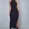Premium Ribbed Racer Neck Split Leg Midaxi Dress -BOW Clothing Shop black premium ribbed racer neck split leg midaxi dress