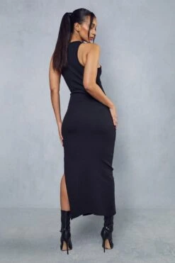Premium Ribbed Racer Neck Split Leg Midaxi Dress -BOW Clothing Shop black premium ribbed racer neck split leg midaxi dress 2