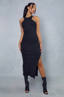 Premium Ribbed Racer Neck Split Leg Midaxi Dress -BOW Clothing Shop black premium ribbed racer neck split leg midaxi dress 3