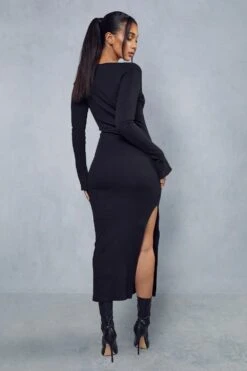 Premium Ribbed Square Neck Split Leg Maxi Dress -BOW Clothing Shop black premium ribbed square neck split leg maxi dress 2