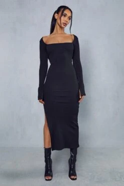 Premium Ribbed Square Neck Split Leg Maxi Dress -BOW Clothing Shop black premium ribbed square neck split leg maxi dress 3
