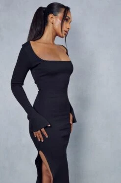 Premium Ribbed Square Neck Split Leg Maxi Dress -BOW Clothing Shop black premium ribbed square neck split leg maxi dress 4