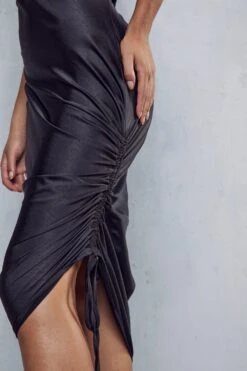 Premium Satin Asymmetric Strap Midi Dress -BOW Clothing Shop black premium satin asymmetric strap midi dress 1