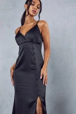 Premium Satin Button Front Maxi Dress 12 Premium Satin Button Front Maxi Dress -BOW Clothing Shop black premium satin button front maxi dress 4