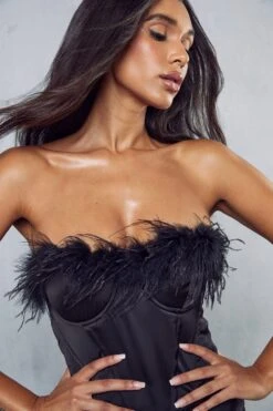 Premium Satin Corset Feather Trim Mini Dress -BOW Clothing Shop black premium satin corset feather trim mini dress 1