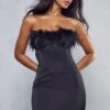 Premium Satin Corset Feather Trim Mini Dress -BOW Clothing Shop black premium satin corset feather trim mini dress