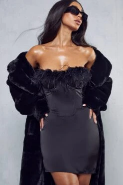 Premium Satin Corset Feather Trim Mini Dress -BOW Clothing Shop black premium satin corset feather trim mini dress 4