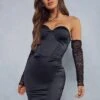 Premium Satin Corset Lace Sleeve Bardot Mini Dress 1 Premium Satin Corset Lace Sleeve Bardot Mini Dress -BOW Clothing Shop black premium satin corset lace sleeve bardot mini dress