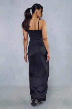 Premium Satin Corseted Plunge Split Leg Maxi Dress -BOW Clothing Shop black premium satin corseted plunge split leg maxi dress 2