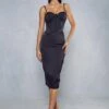 Premium Satin Corsetry Bodycon Midi Dress -BOW Clothing Shop black premium satin corsetry bodycon midi dress