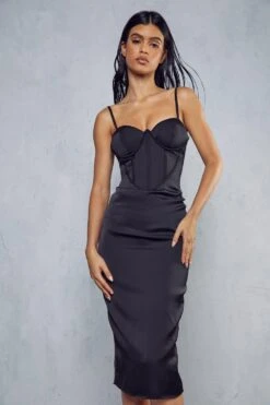 Premium Satin Corsetry Bodycon Midi Dress -BOW Clothing Shop black premium satin corsetry bodycon midi dress 4