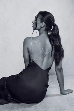 Premium Satin Cowl Neck Diamante Backless Maxi Dress -BOW Clothing Shop black premium satin cowl neck diamante backless maxi dress 1