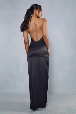 Premium Satin Cowl Neck Diamante Backless Maxi Dress -BOW Clothing Shop black premium satin cowl neck diamante backless maxi dress 2