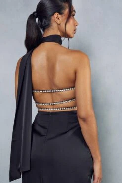 Premium Satin Diamante Drape Back Split Leg Maxi Dress -BOW Clothing Shop black premium satin diamante drape back split leg maxi dress 1