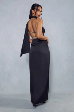 Premium Satin Diamante Drape Back Split Leg Maxi Dress -BOW Clothing Shop black premium satin diamante drape back split leg maxi dress 2