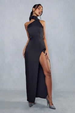 Premium Satin Diamante Drape Back Split Leg Maxi Dress -BOW Clothing Shop black premium satin diamante drape back split leg maxi dress 3