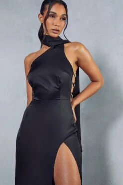 Premium Satin Diamante Drape Back Split Leg Maxi Dress -BOW Clothing Shop black premium satin diamante drape back split leg maxi dress 4