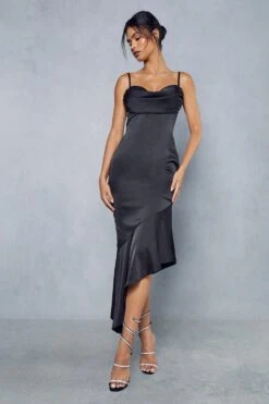 Premium Satin Draped Bust Frill Hem Midi Dress -BOW Clothing Shop black premium satin draped bust frill hem midi dress 1