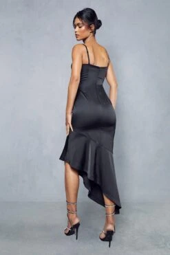 Premium Satin Draped Bust Frill Hem Midi Dress -BOW Clothing Shop black premium satin draped bust frill hem midi dress 3