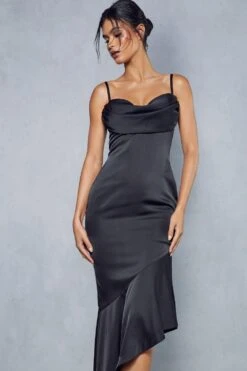 Premium Satin Draped Bust Frill Hem Midi Dress -BOW Clothing Shop black premium satin draped bust frill hem midi dress 5