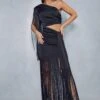 Premium Satin Draped One Shoulder Fringe Bodycon Dress -BOW Clothing Shop black premium satin draped one shoulder fringe bodycon dress
