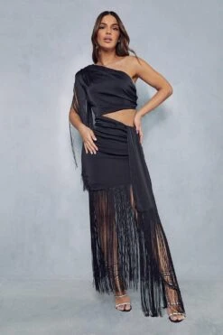 Premium Satin Draped One Shoulder Fringe Bodycon Dress