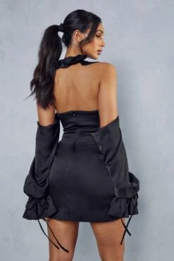 Premium Satin Frill Detail Exaggerated Sleeve Mini Dress -BOW Clothing Shop black premium satin frill detail exaggerated sleeve mini dress 2