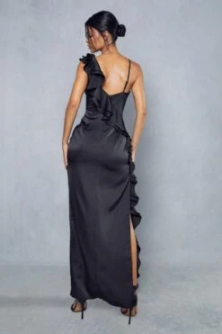Premium Satin Frill Edge Split Leg Maxi Dress -BOW Clothing Shop black premium satin frill edge split leg maxi dress 2