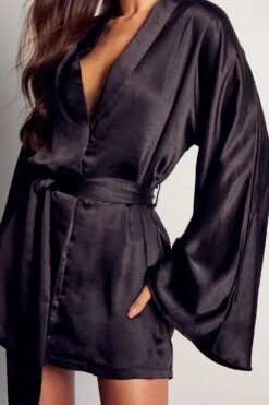 Premium Satin Kimono Sleeve Wrap Blazer Dress -BOW Clothing Shop black premium satin kimono sleeve wrap blazer dress 1