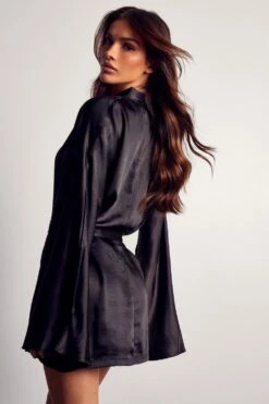 Premium Satin Kimono Sleeve Wrap Blazer Dress -BOW Clothing Shop black premium satin kimono sleeve wrap blazer dress 2