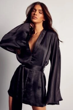 Premium Satin Kimono Sleeve Wrap Blazer Dress -BOW Clothing Shop black premium satin kimono sleeve wrap blazer dress 4