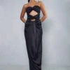 Premium Satin Knot Front Bandeau Maxi Dress -BOW Clothing Shop black premium satin knot front bandeau maxi dress