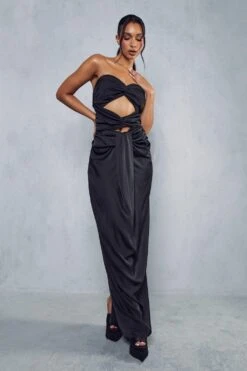 Premium Satin Knot Front Bandeau Maxi Dress -BOW Clothing Shop black premium satin knot front bandeau maxi dress 3