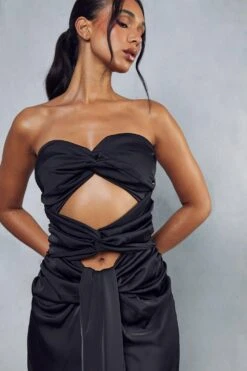 Premium Satin Knot Front Bandeau Maxi Dress -BOW Clothing Shop black premium satin knot front bandeau maxi dress 4