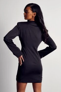 Premium Satin Plunge Structured Dress -BOW Clothing Shop black premium satin plunge structured dress 2