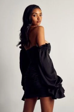Premium Satin Ruched Tie Sleeve Bardot Dress -BOW Clothing Shop black premium satin ruched tie sleeve bardot dress 2