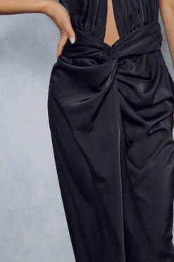 Premium Satin Twist Detail Halterneck Midi Dress -BOW Clothing Shop black premium satin twist detail halterneck midi dress 1 4