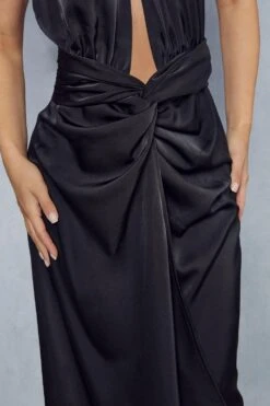 Premium Satin Twist Detail Halterneck Midi Dress -BOW Clothing Shop black premium satin twist detail halterneck midi dress 1 5
