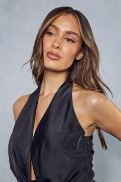 Premium Satin Twist Detail Mini Dress -BOW Clothing Shop black premium satin twist detail mini dress 4