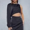 Premium Satin Twist Shoulder Cut Out Mini Dress -BOW Clothing Shop black premium satin twist shoulder cut out mini dress