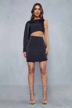 Premium Satin Twist Shoulder Cut Out Mini Dress -BOW Clothing Shop black premium satin twist shoulder cut out mini dress 3