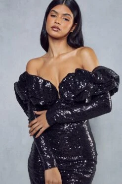 Premium Sequin Ruffle Bardot Mini Dress -BOW Clothing Shop black premium sequin ruffle bardot mini dress 1